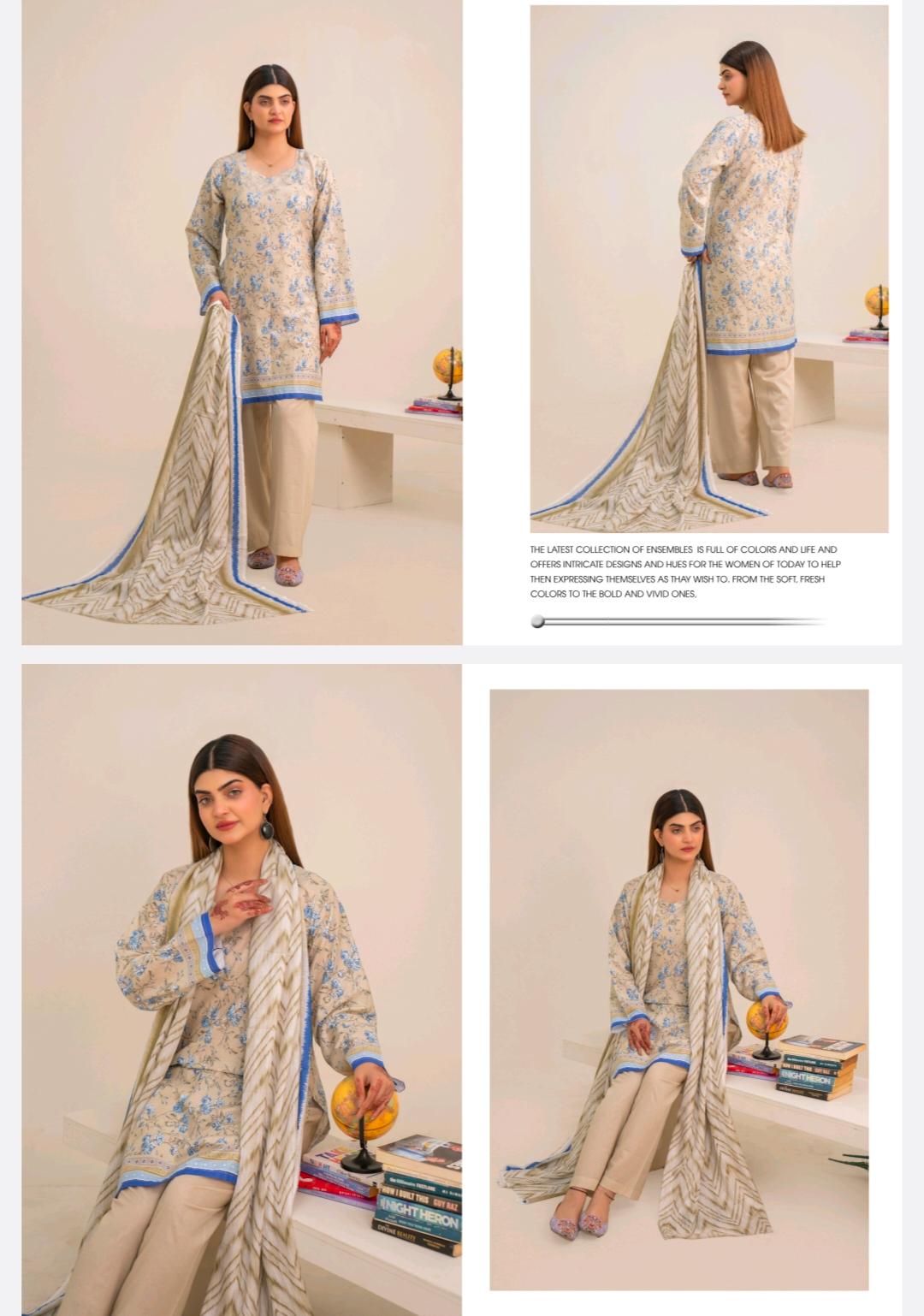 Ivory Blue Elegant Printed Lawn 3 Piece Suit