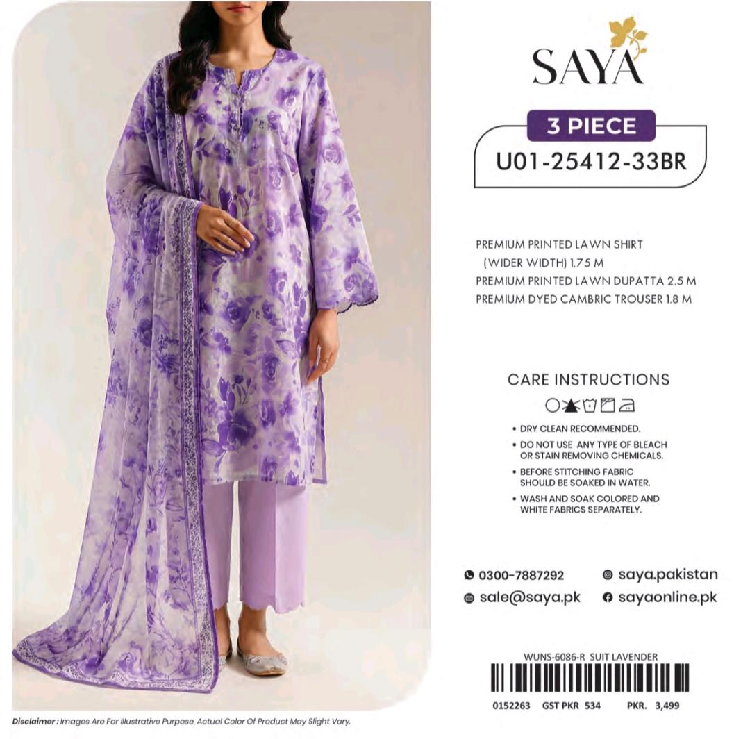 Saya Lavender Floral Printed Lawn 3 Piece Suit