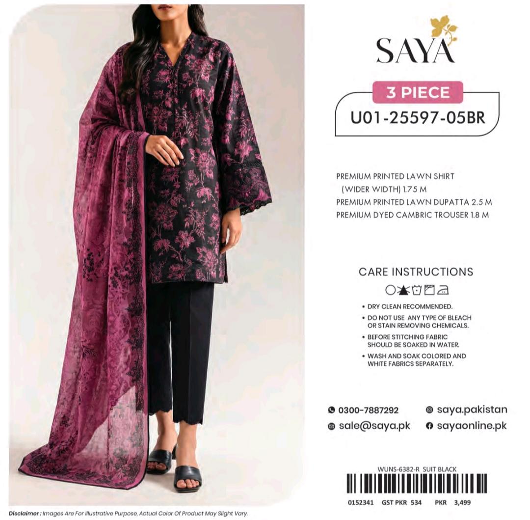 Saya Black Magenta Floral 3 Piece Printed Lawn Suit