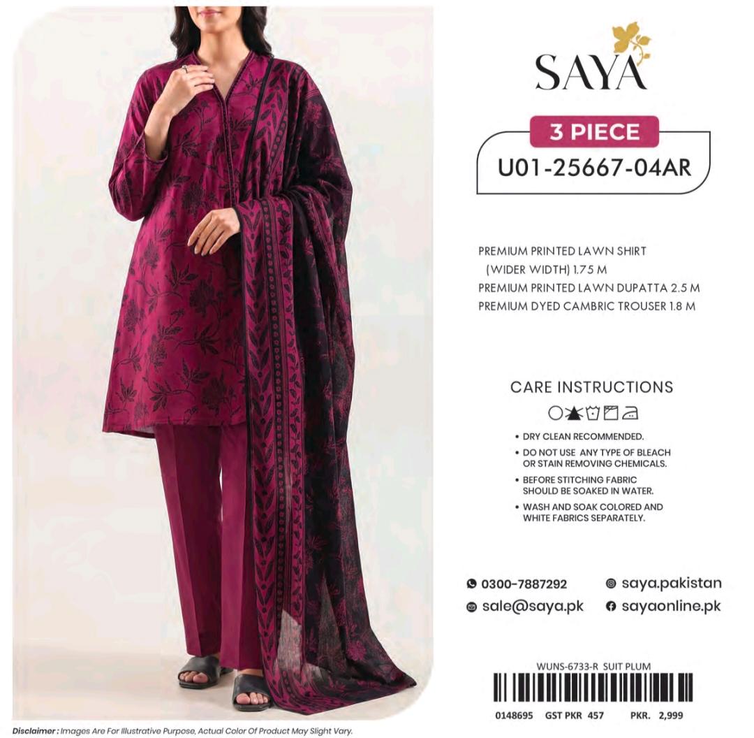 Saya Plum Botanical 3 Piece Printed Lawn Suit