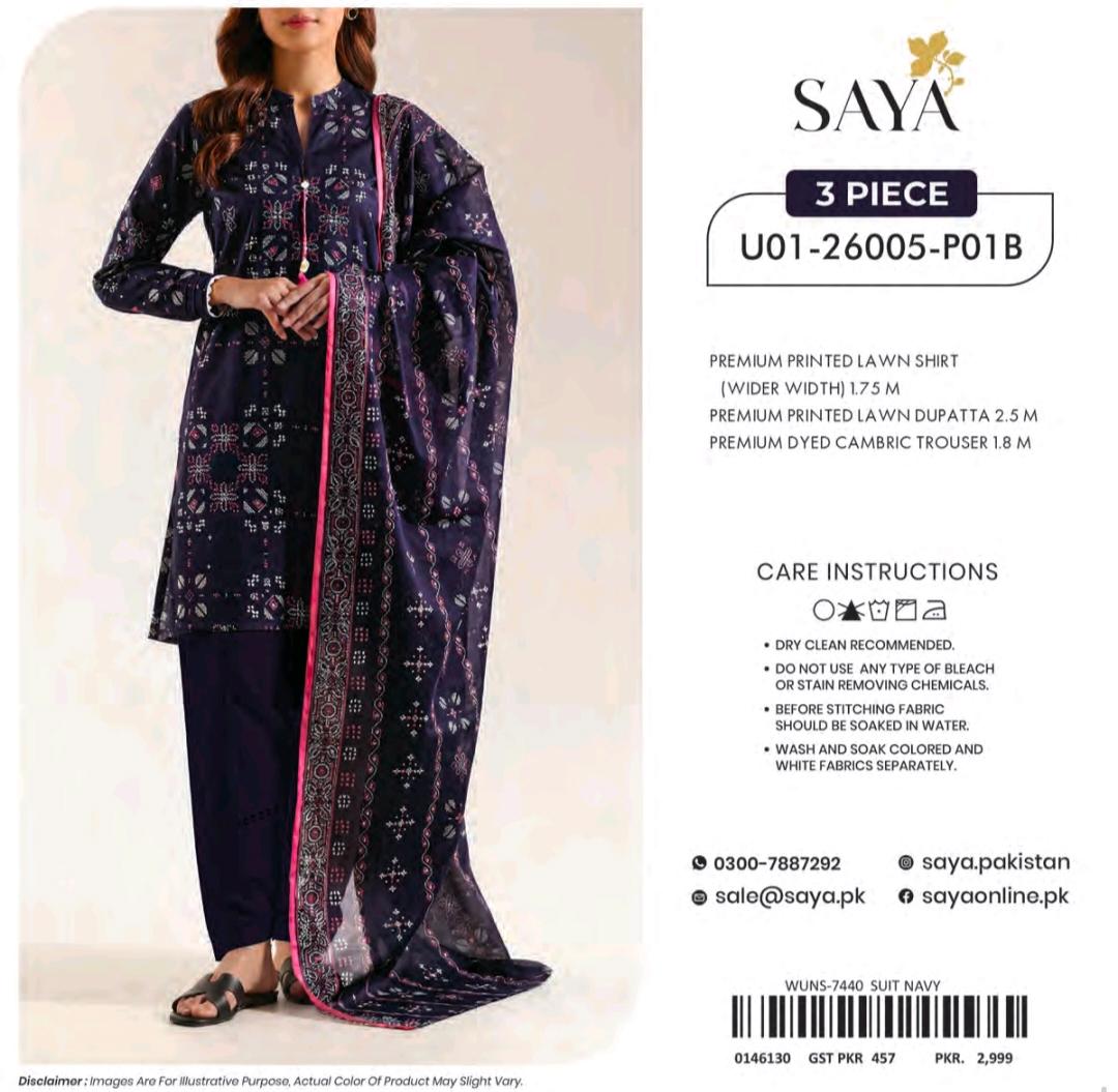 Saya Navy Tribal Print 3 Piece Printed Lawn Suit