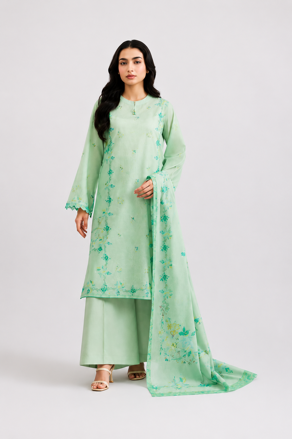 MINT GREEN LAWN | EMBROIDERED