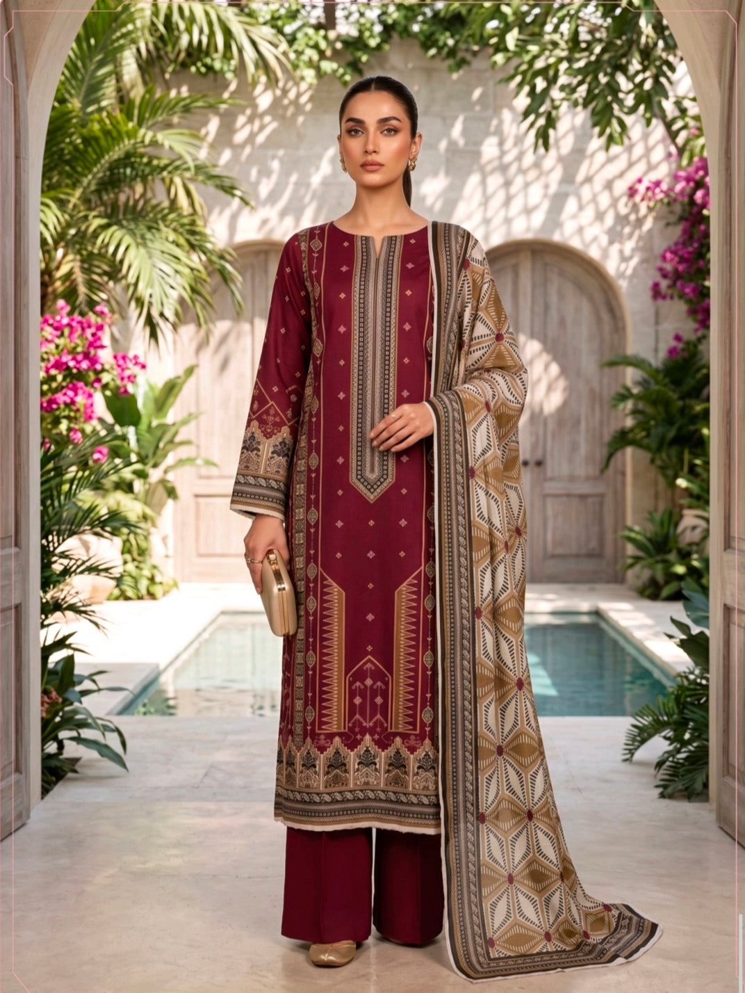 Maroon Gold Regal Printed Lawn 3 Piece Suit