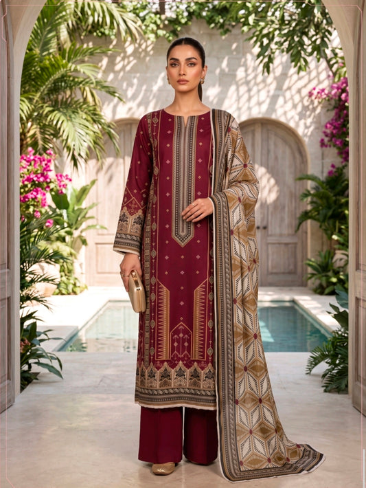 Maroon Gold Regal Printed Lawn 3 Piece Suit
