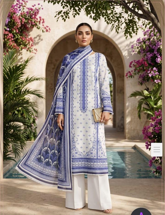 Sapphire Blue Luxury Printed Lawn 3 Piece Suit