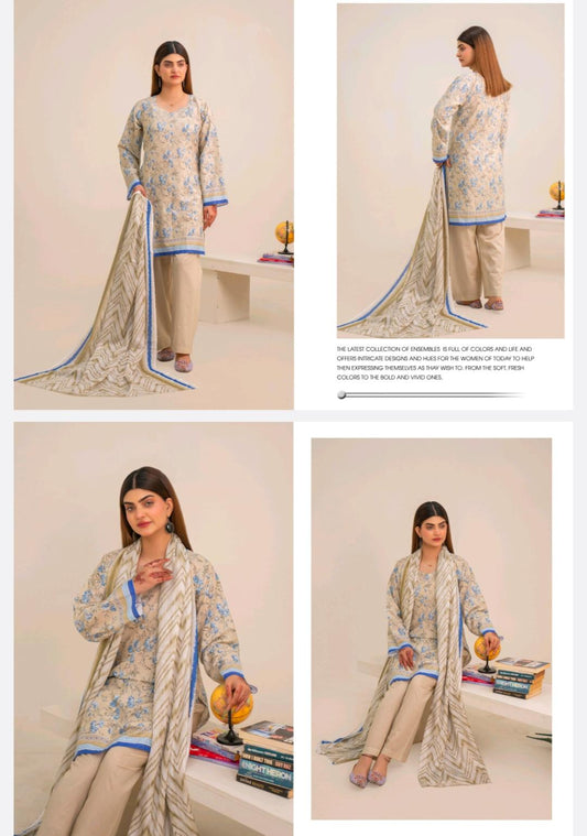 Ivory Blue Elegant Printed Lawn 3 Piece Suit