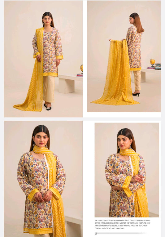 Sunshine Yellow Floral Printed Lawn 3 Piece Suit