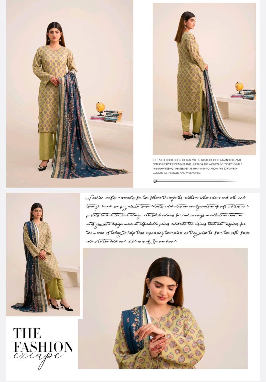 Olive Green Ethnic Printed Lawn 3 Piece Suit