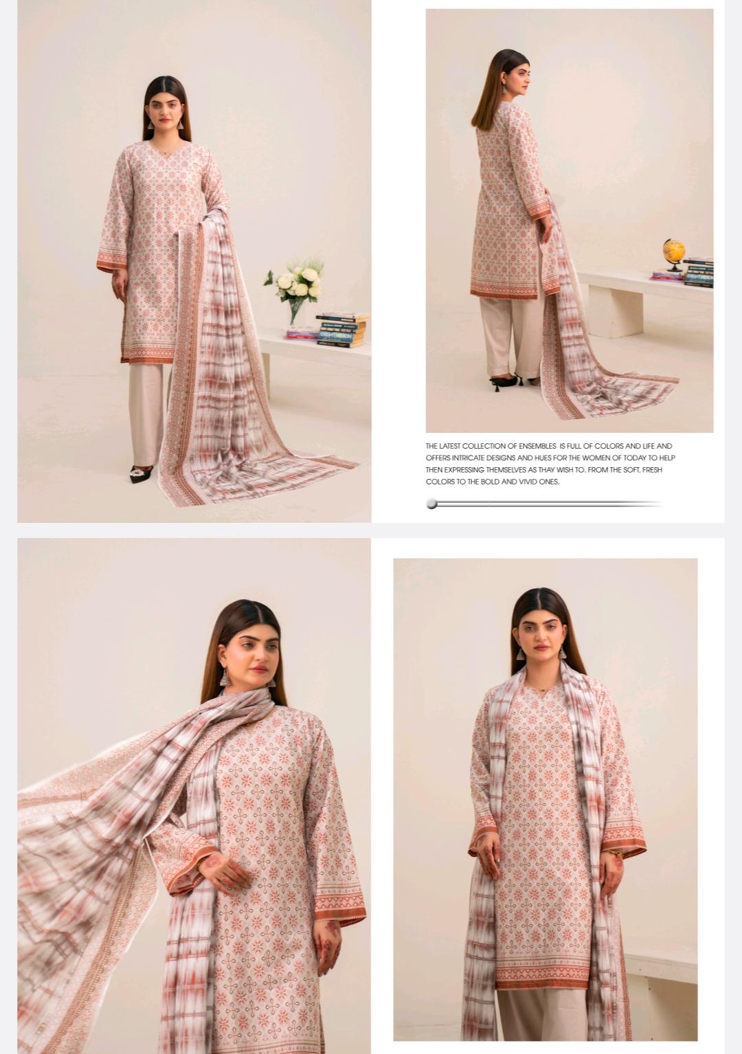 Soft Beige Floral Printed Lawn 3 Piece Suit