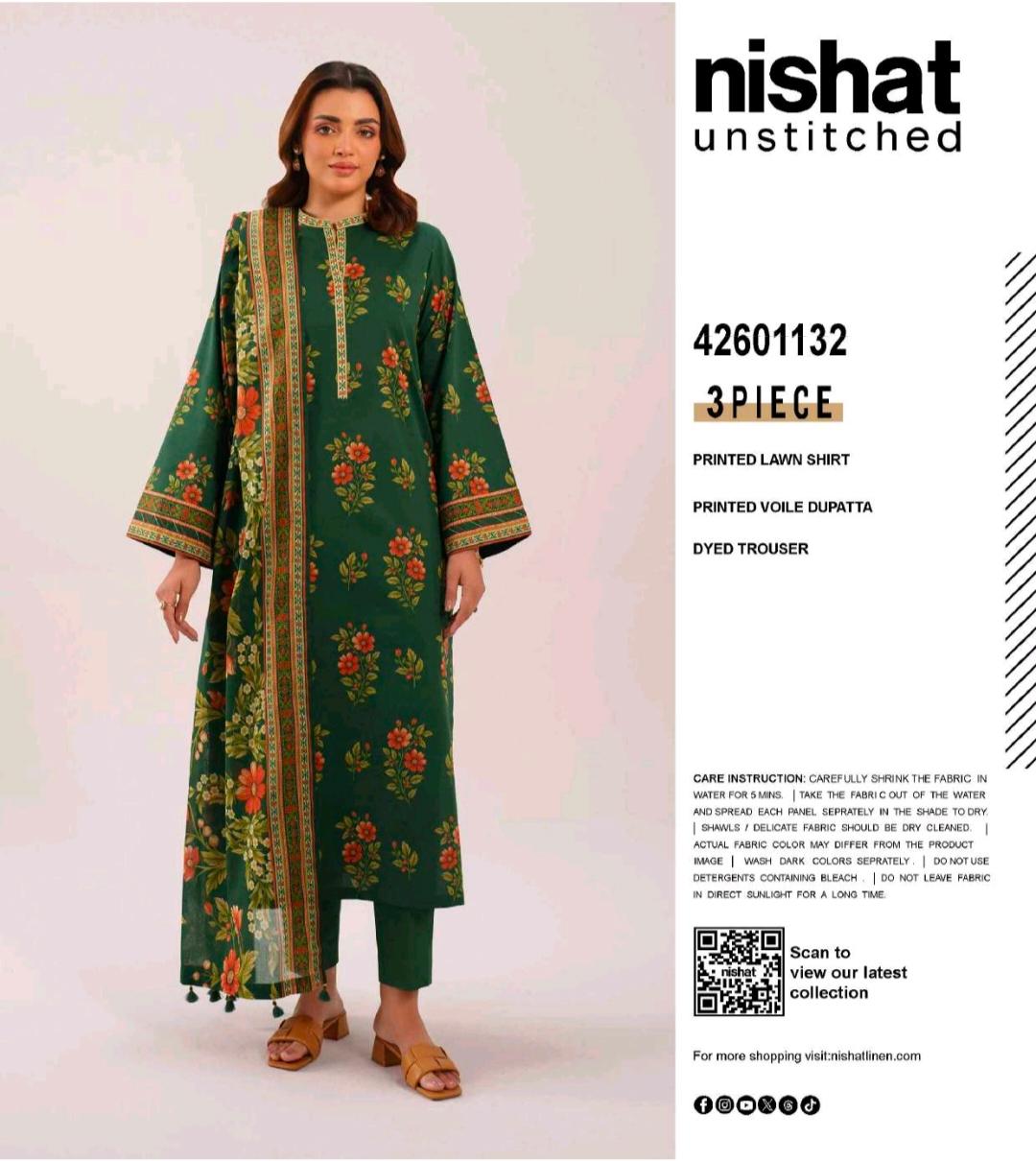 Bottle Green Floral Printed Lawn 3 Piece Suit