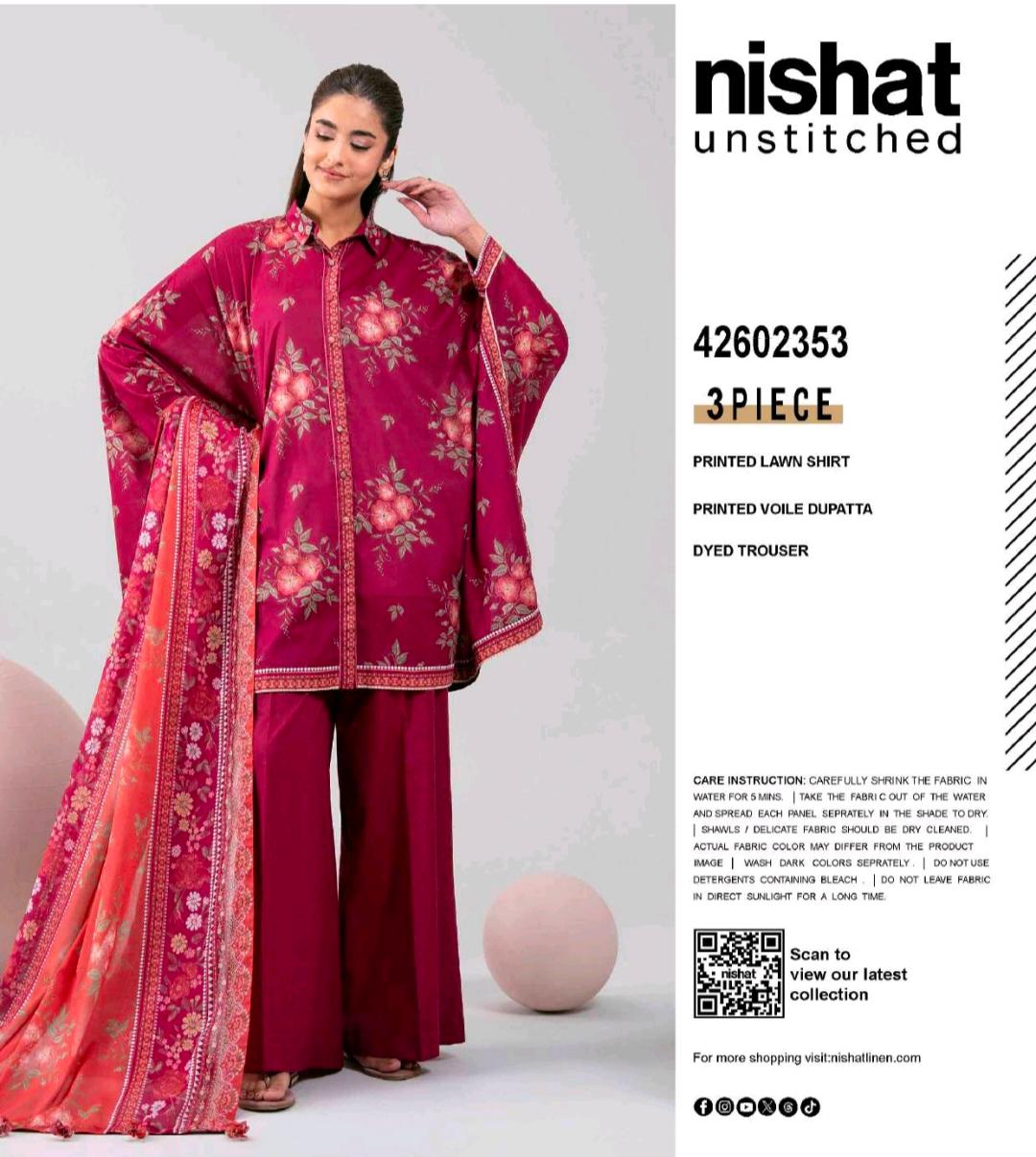 Magenta Pink Floral Printed Lawn 3 Piece Suit