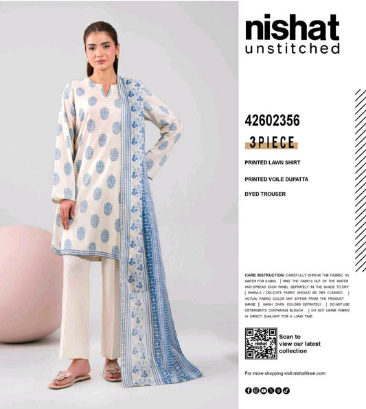 Off White & Blue Printed Lawn 3 Piece Suit