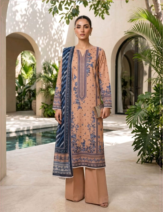 Beige Blue Ethnic Printed Lawn 3 Piece Suit