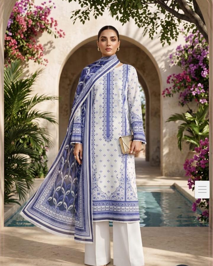 Blue Ivory Printed Lawn 3 Piece Suit