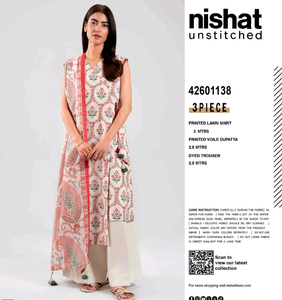 SOHNI DHARTI VOL-20 – Off-White & Coral Pink Printed Lawn