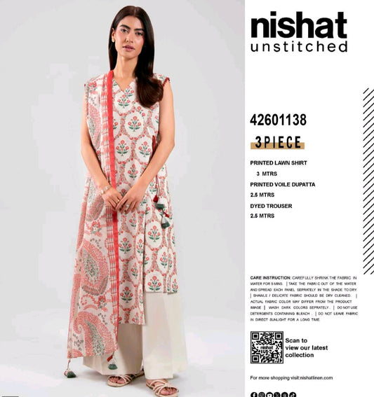 SOHNI DHARTI VOL-20 – Off-White & Coral Pink Printed Lawn