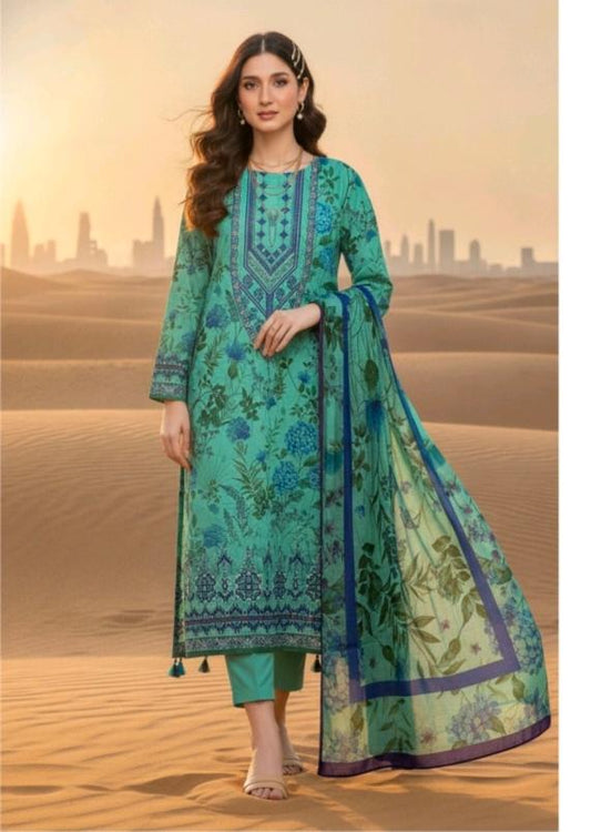 Teal Blue Floral 3 Piece Printed Lawn Suit