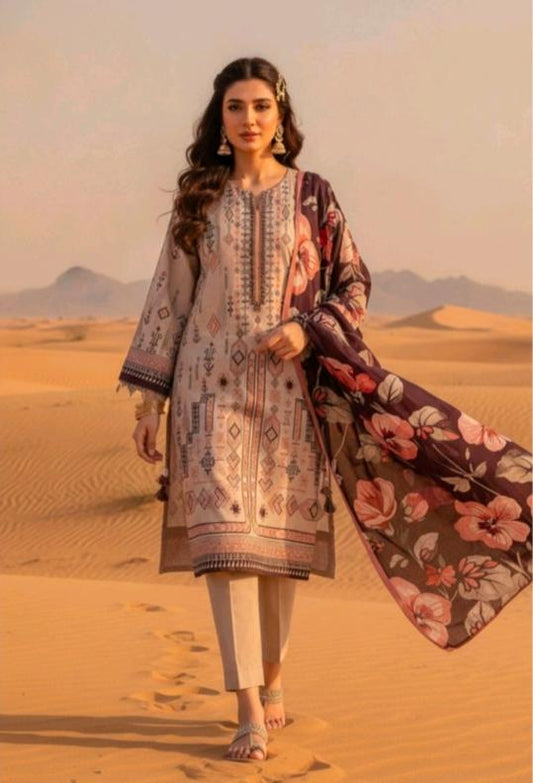 Beige Mocha Floral 3 Piece Printed Lawn Suit