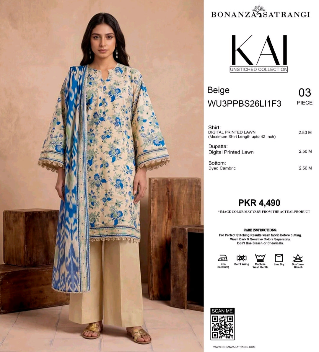 Bonanza Satrangi Beige Blue Floral 3 Piece Digital Printed Lawn Suit