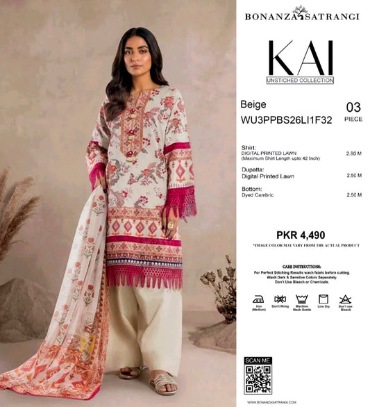 Bonanza Satrangi Beige Floral 3 Piece Digital Printed Lawn Suit