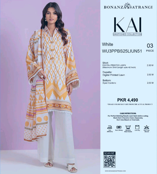 Bonanza Satrangi White Mustard 3 Piece Digital Printed Lawn Suit