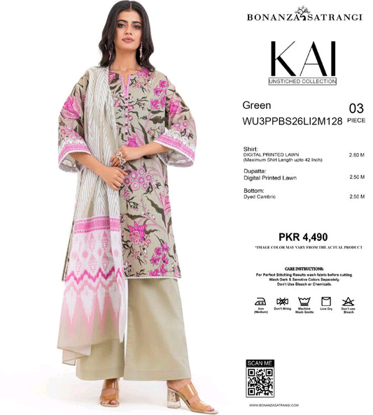 Bonanza Satrangi Green Floral 3 Piece Digital Printed Lawn Suit