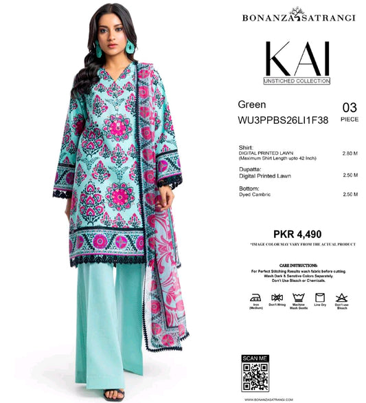 Bonanza Satrangi Aqua Mint Floral 3 Piece Digital Printed Lawn Suit