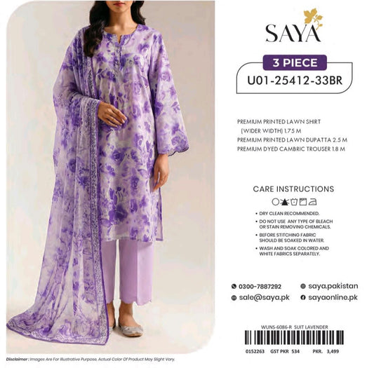 Saya Lavender Floral Printed Lawn 3 Piece Suit