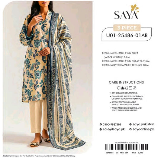Saya Beige Blue Floral 3 Piece Printed Lawn Suit