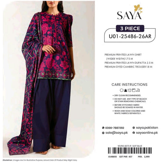 Saya Blue Floral 3 Piece Printed Lawn Suit
