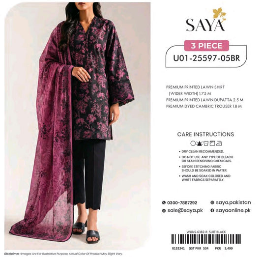 Saya Black Magenta Floral 3 Piece Printed Lawn Suit