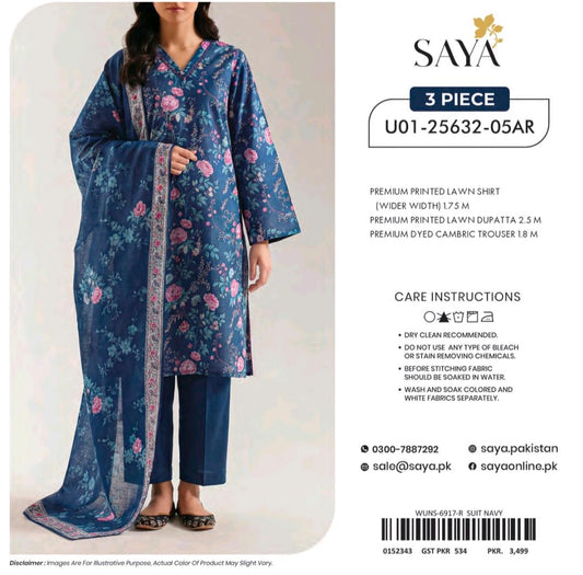 Saya Navy Rose Floral 3 Piece Printed Lawn Suit