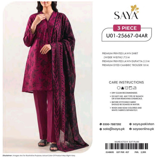 Saya Plum Botanical 3 Piece Printed Lawn Suit