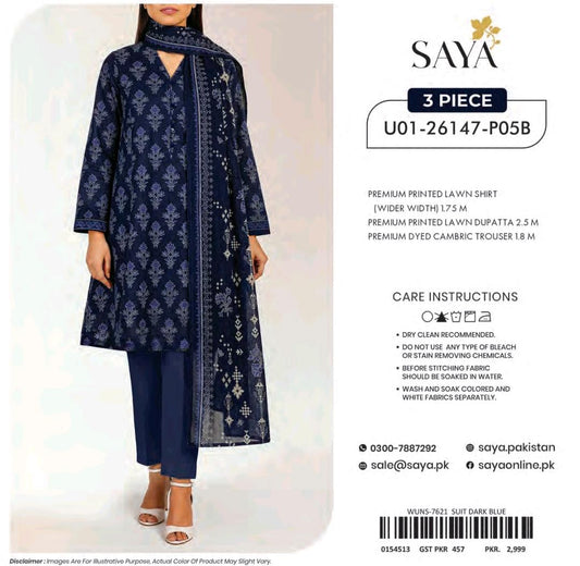 Saya Navy Ethnic 3 Piece Printed Lawn Suit