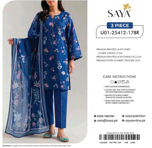 Saya Royal Blue Floral 3 Piece Printed Lawn Suit