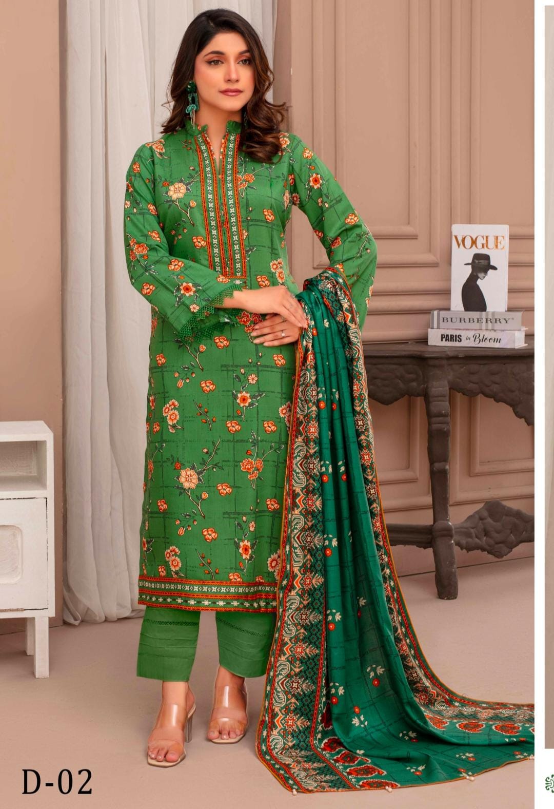 Green Floral Printed 3 Piece Suit